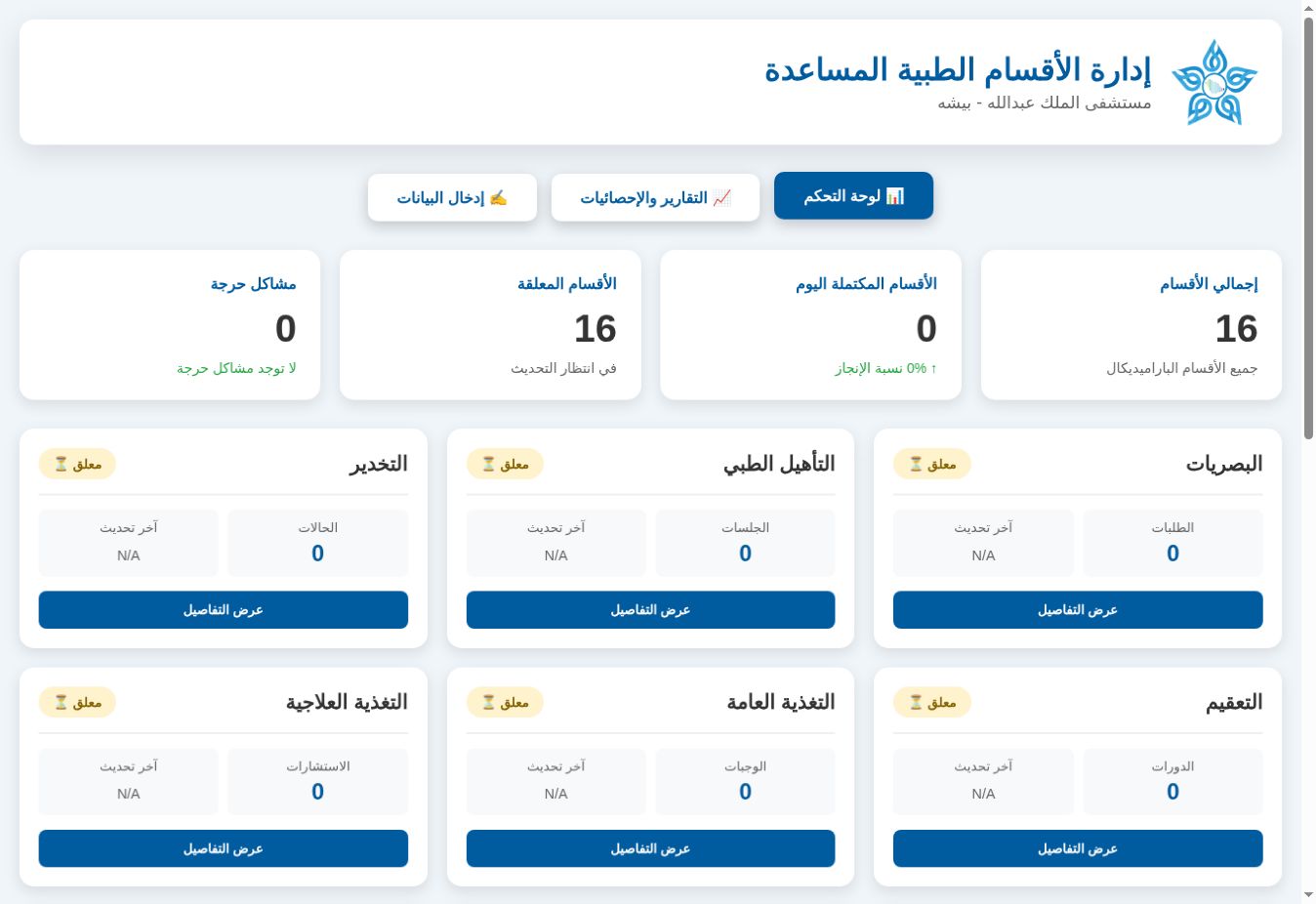 لوحة تشغيل فعلية لمنصة إدارة الأقسام الطبية المساعدة تعرض 16 قسمًا وحالة التحديث والمؤشرات