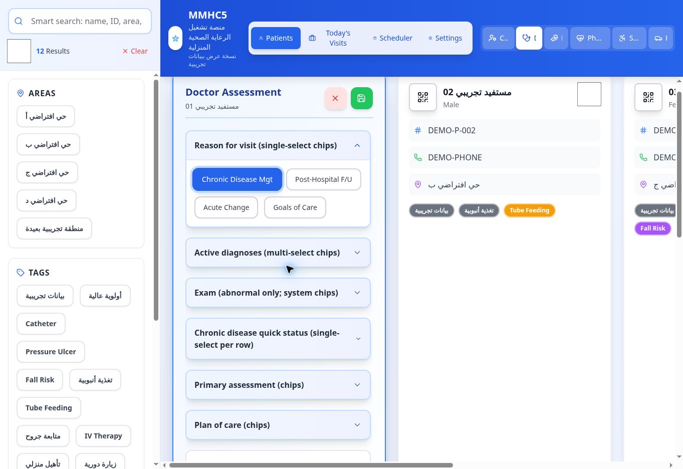 نموذج تقييم الطبيب داخل MMHC5 لمستفيد تجريبي مع أقسام التقييم والخطة
