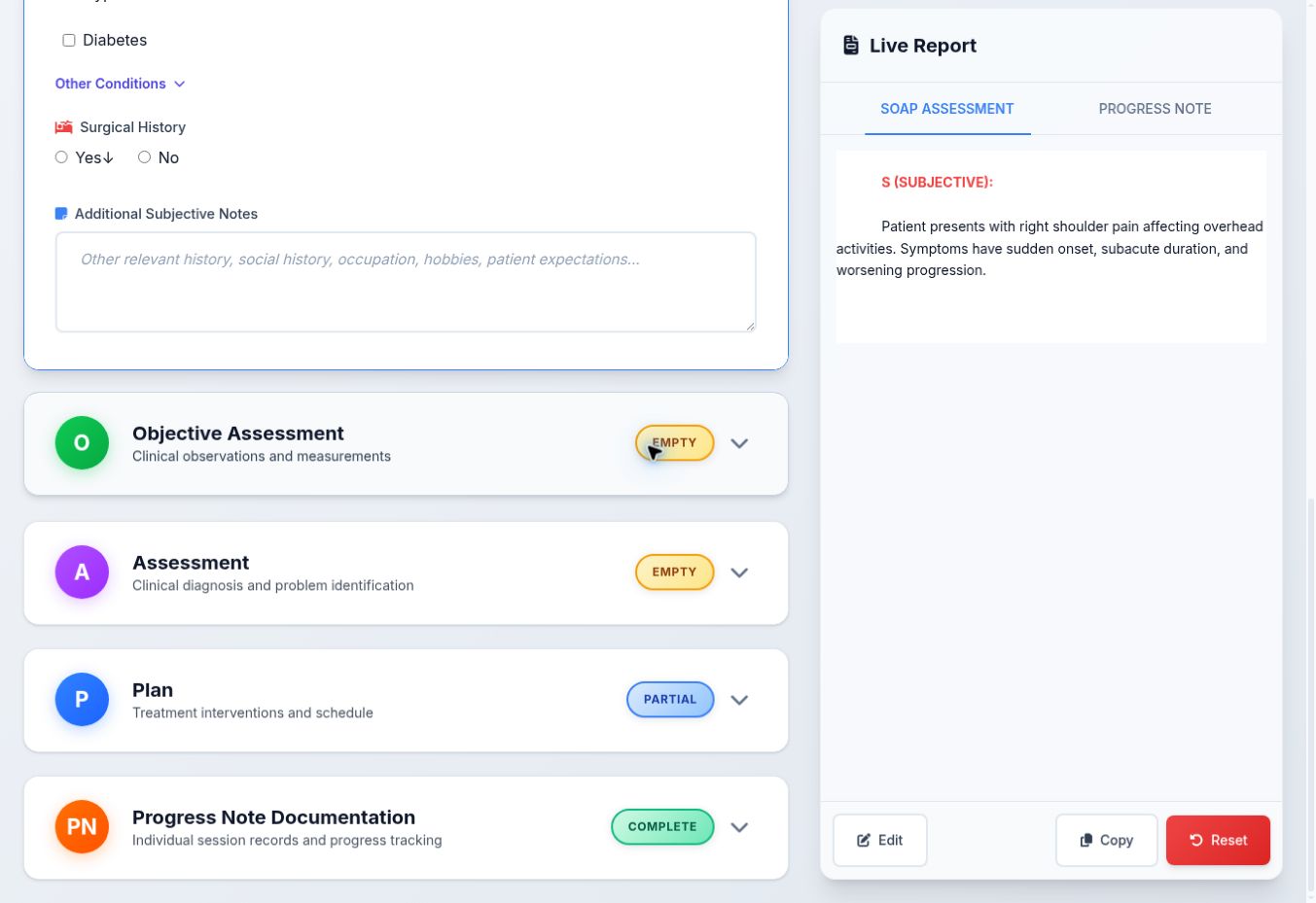 المسار الكامل للتوثيق: Subjective وObjective وAssessment وPlan ثم Progress Note مع حالة اكتمال كل قسم.