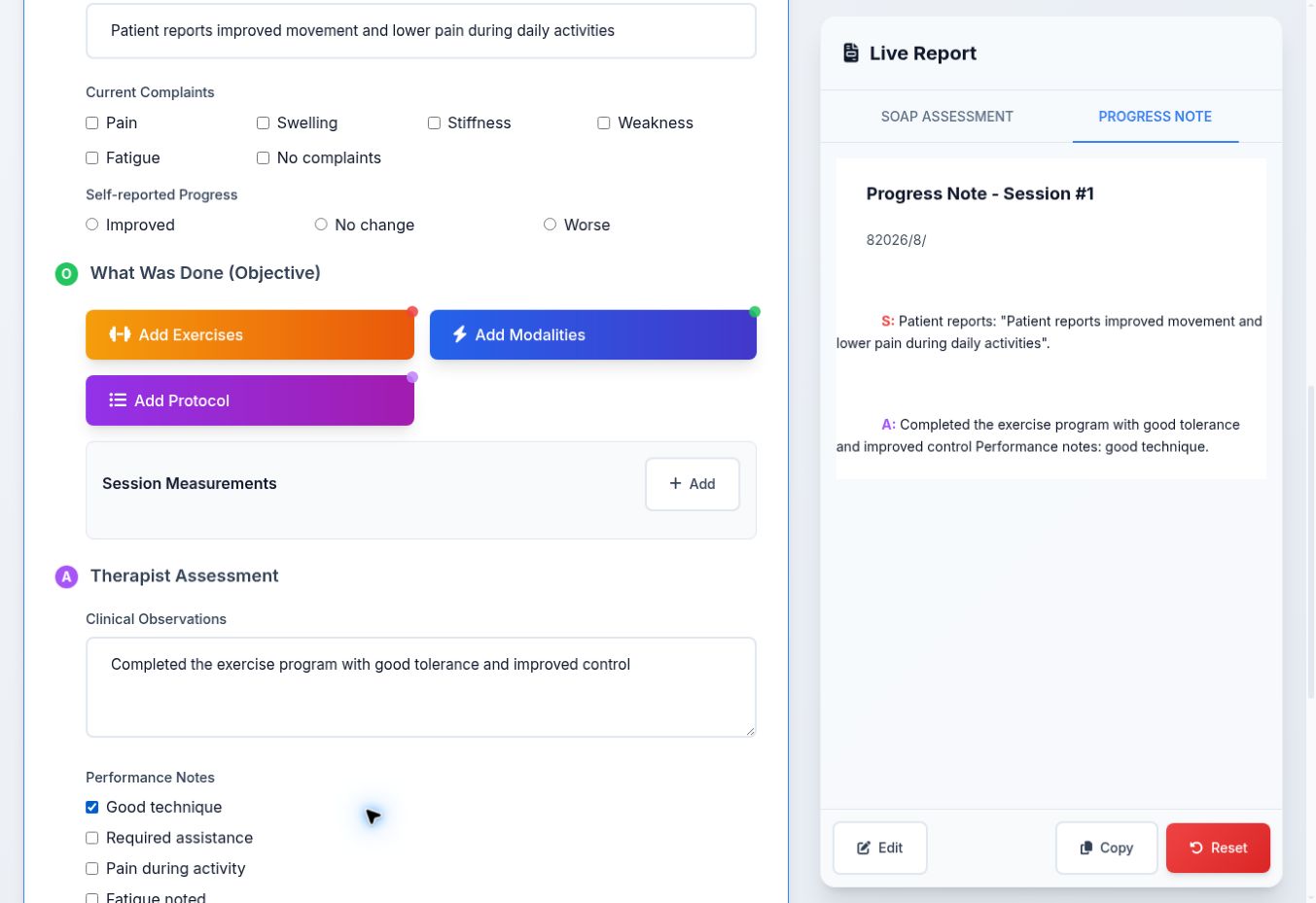 توثيق جلسة المتابعة مع تقرير Progress Note يتكوّن لحظيًا من تقرير المريض وما تم تنفيذه وتقييم المعالج.